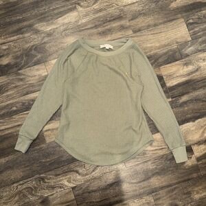 LOFT Women's XS Waffle-Knit Long-Sleeve Crew Neck T-Shirt Thermal Weave Green